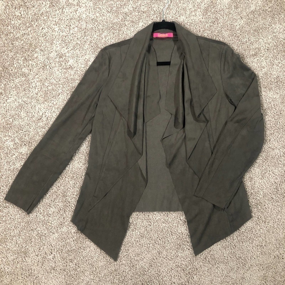 Catherine Malandrino Olive Green Faux Suede Cascade Open Front Jacket Petite S - Picture 9 of 12